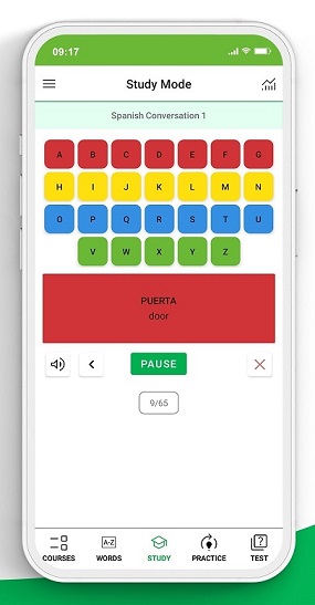 VocabuSay Speed Learning Spanish app screenshot of Study mode